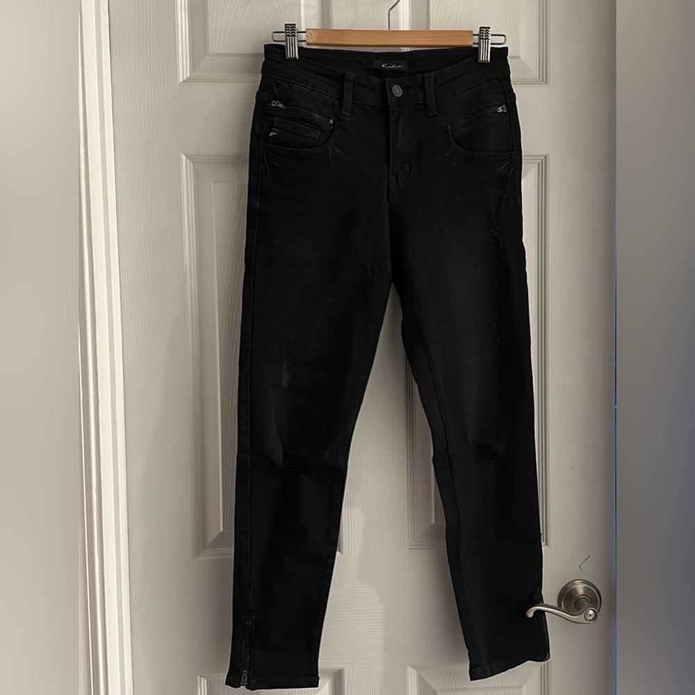 KanCan Black Stretch Distressed Skinny Jeans w/Ankle & Pocket Zippers Size 7/27.